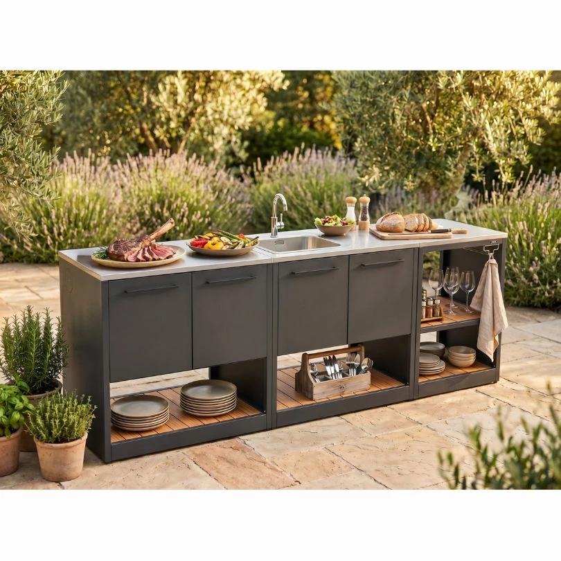 cocina exterior modular con isla esquina abierta y fregadero pack sahara