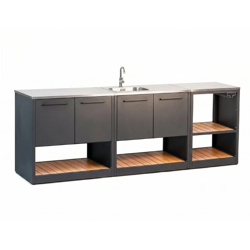 pack cocina exterior modular con isla esquina abierta y fregadero sahara