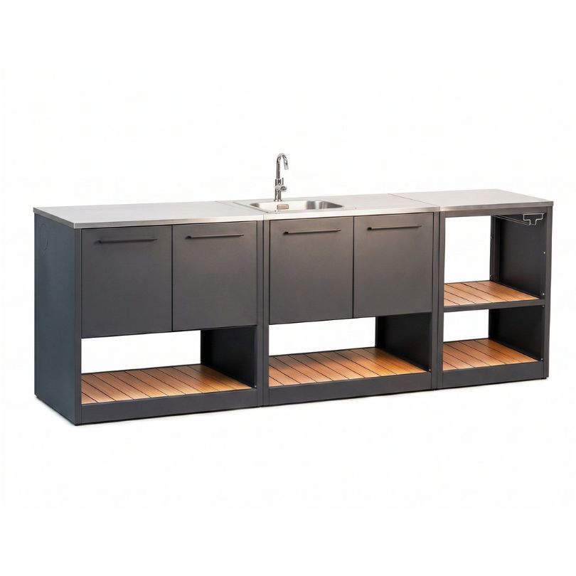 pack cocina exterior modular con isla esquina abierta y fregadero sahara