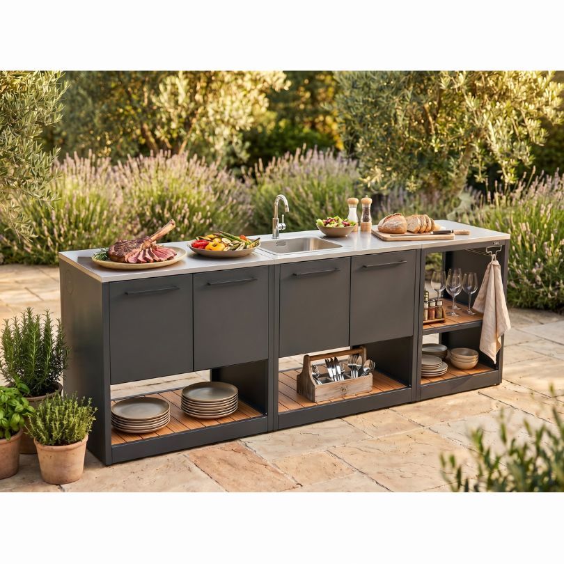 cocina exterior modular con isla esquina abierta y fregadero pack sahara