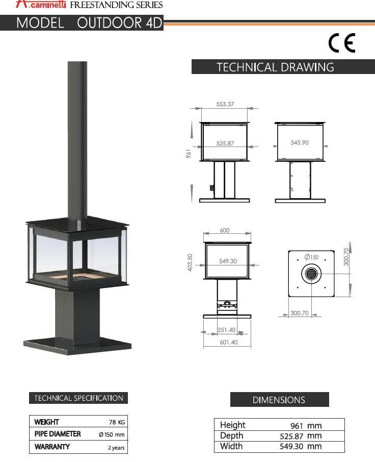 Chimenea Exterior Outdoor 4D A. Caminetti — ESPECIFICACIONES Y MEDIDAS